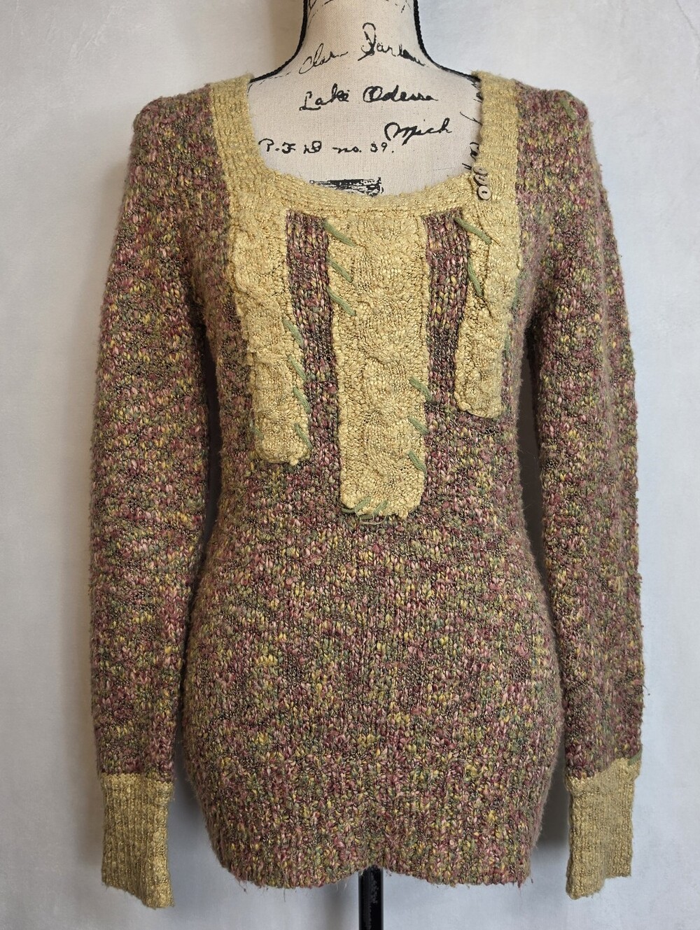 BKE Multicolor Bouclé Sweater in Olive, Pink & Tan Sz L Y2k Boho Cottagecore